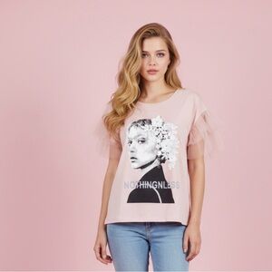 Nothingless Graphic Tulle Sleeve Top